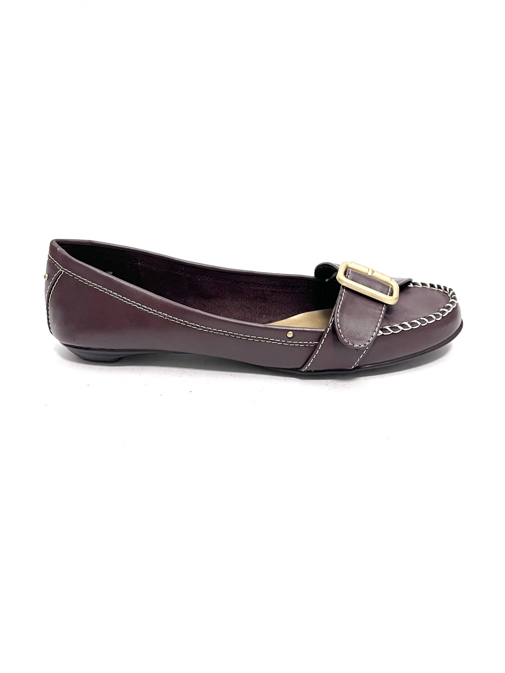 Vintage Y2K deadstock brown vegan leather moccasin stitched buckle loafers
